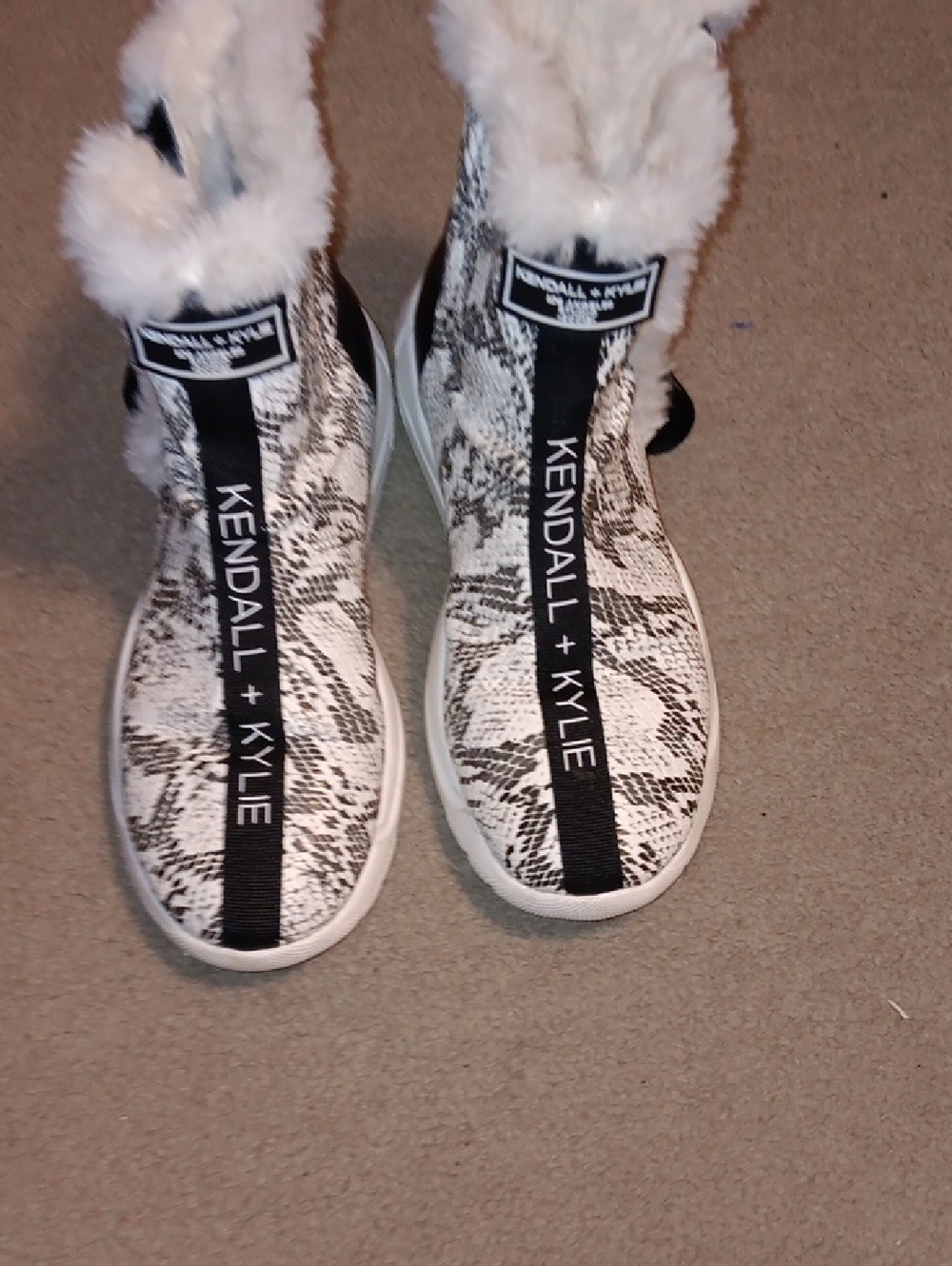 Kendall & Kylie White and Black Snake-Print High-Top Sneakers with Faux Fur